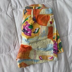 Colorful abstract denim high rise shorts